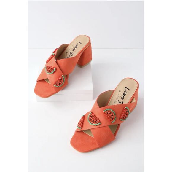 Lulu’s Lemon Drop by Privileged Red Watermelon Chunky Mule Slip On Heels Size 7 - Picture 4 of 10